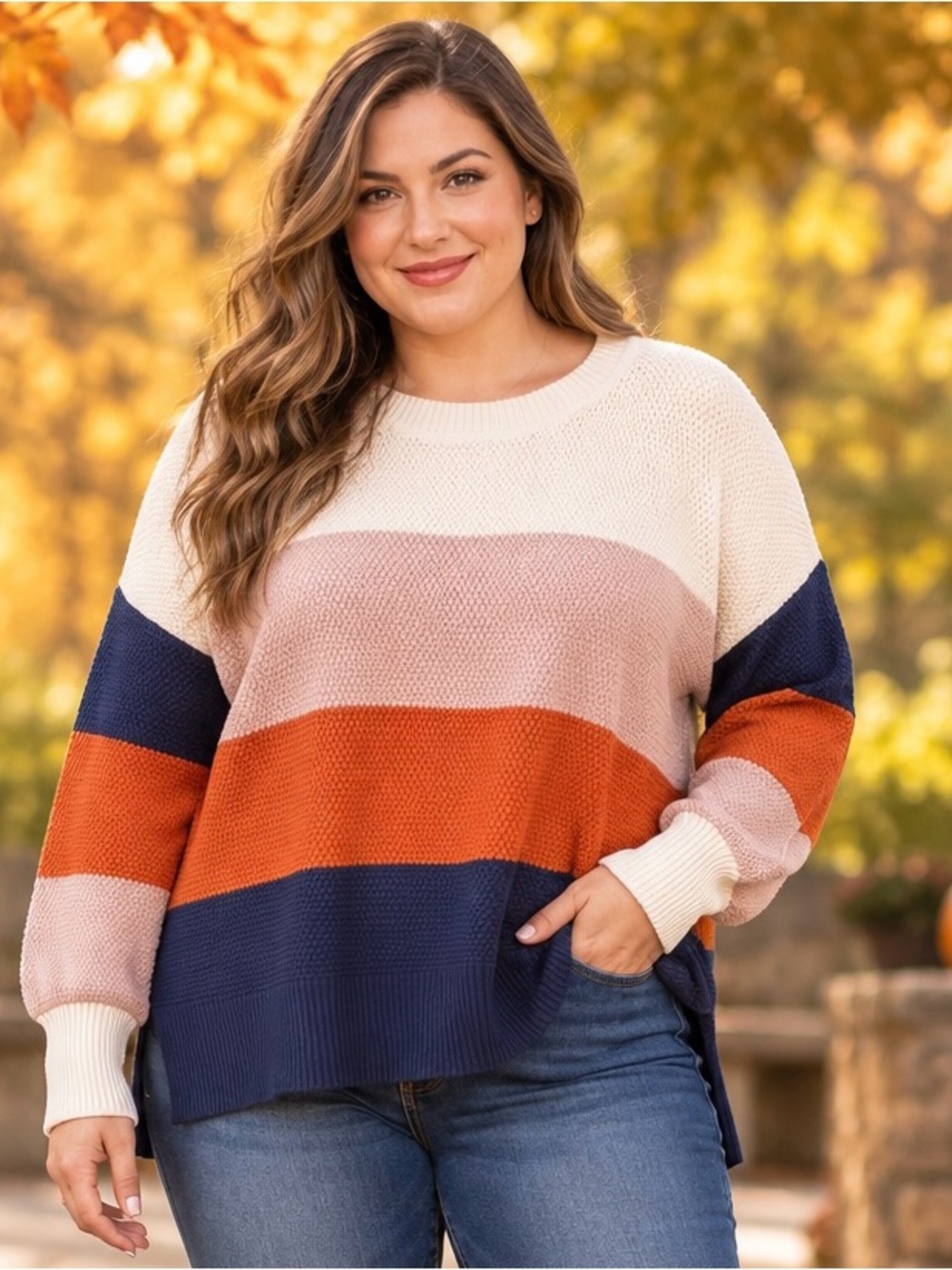 Amazon Colorblock Crewneck Sweater in Cream, Dusty Pink, Rust & Navy